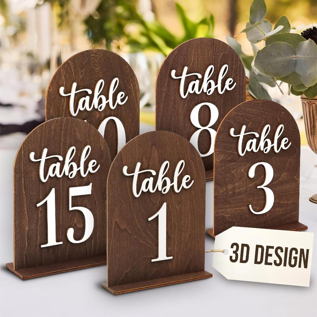 Rustic Wedding Table Numbers 1-15 With Stand - Wooden Table Numbers For Wedding Reception, Arch Table Number Sign With Holder For Party, Restaurant Centerpieces Bridal Shower Decorations (Wooden Table Numbers 1 -15)