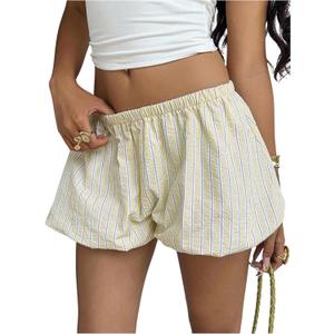 Milumia Women's Striped Bubble Shorts Elastic Waist Mini Low Rise Loose Fit Bloomers (Yellow, XS)