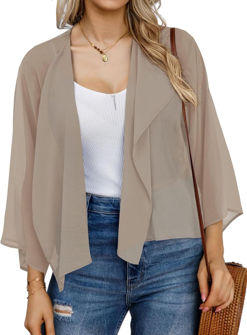 Womens Summer Tops Short Shrugs Kimono Cardigans Casual Chiffon Bolero Jackets (X-Large, B-light Khaki)