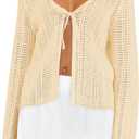 Saodimallsu Womens Summer Crochet Lightweight Cardigans Tie Front Mesh Knit Long Sleeve Casual V Neck Beach Cover Ups (Medium, Beige)