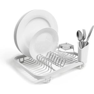 Umbra Sinkin Dish Drying Rack Drainer Caddy with Removable Cutlery Holder Use in Sink or On Counter, Standard, White/Nickel