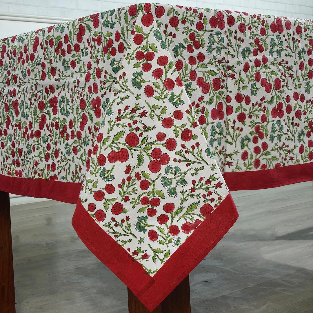 Ridhi Floral Hand Block Print Cotton Table Cover Boho Washable 72X160 Inch Garnet Red Rectangle Tablecloth for Dining Table Birthday Party Kitchen Wedding Event Christmas Thanksgiving Farmhouse