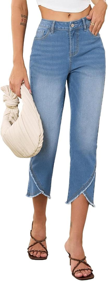 Sidefeel Women's Capri Jeans High Waisted Stretchy Skinny Jeans Trendy Cross Raw Hem Summer Cropped Denim Pants Iceland Blue Size 4