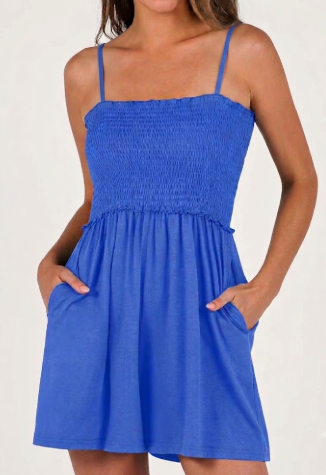 Smocked Rompers for Women Summer Sleeveless Square Neck Shorts Rompers Casual Beach Tank Top Jumpsuit with Pockets Blue, 2XL