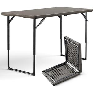 Folding Table, 4FT Foldable Picnic Table with Carrying Handle, Heavy Duty Fold-in-Half Portable Table for Weddings, Camping, RV Travel, Parties, BBQs, and Indoor Use, Easy to Fold and Store, Khaki