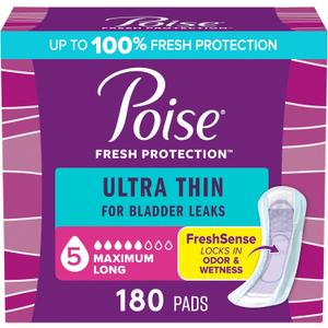 Poise Ultra Thin Incontinence Pads & Postpartum Pads for Bladder Leaks, 5 Drop Maximum Absorbency, Long Length, 180 Count