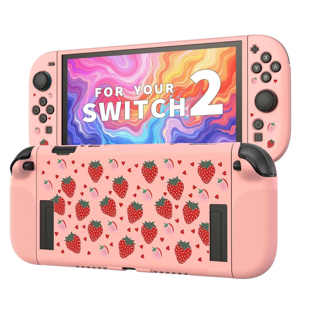 JEMDO Textured Grip Protective Case Compatible with Nintendo Switch 2 (2025)  Cute Pink Strawberry Design, Matte Shockproof TPU Shell with Anti-Slip Handles, Ergonomic & Comfort Slim Back Cover