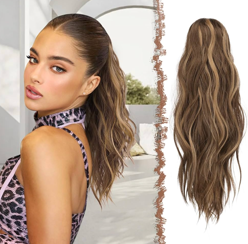 FESHFEN Ponytail Extensions, Long Claw Clip in Ponytail Hairpiece Synthetic Pony Tails Hair Piece Natural Wavy Hairpieces for Women, Light Brown & Blonde 25 inch
