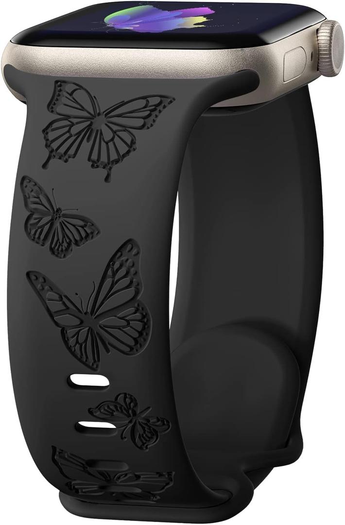 Butterfly Engraved Bands Compatible with Apple Watch Band, Women, Silicone Sport Strap for iWatch, Size: 38/40/41/42mm(Series 10) (Black)