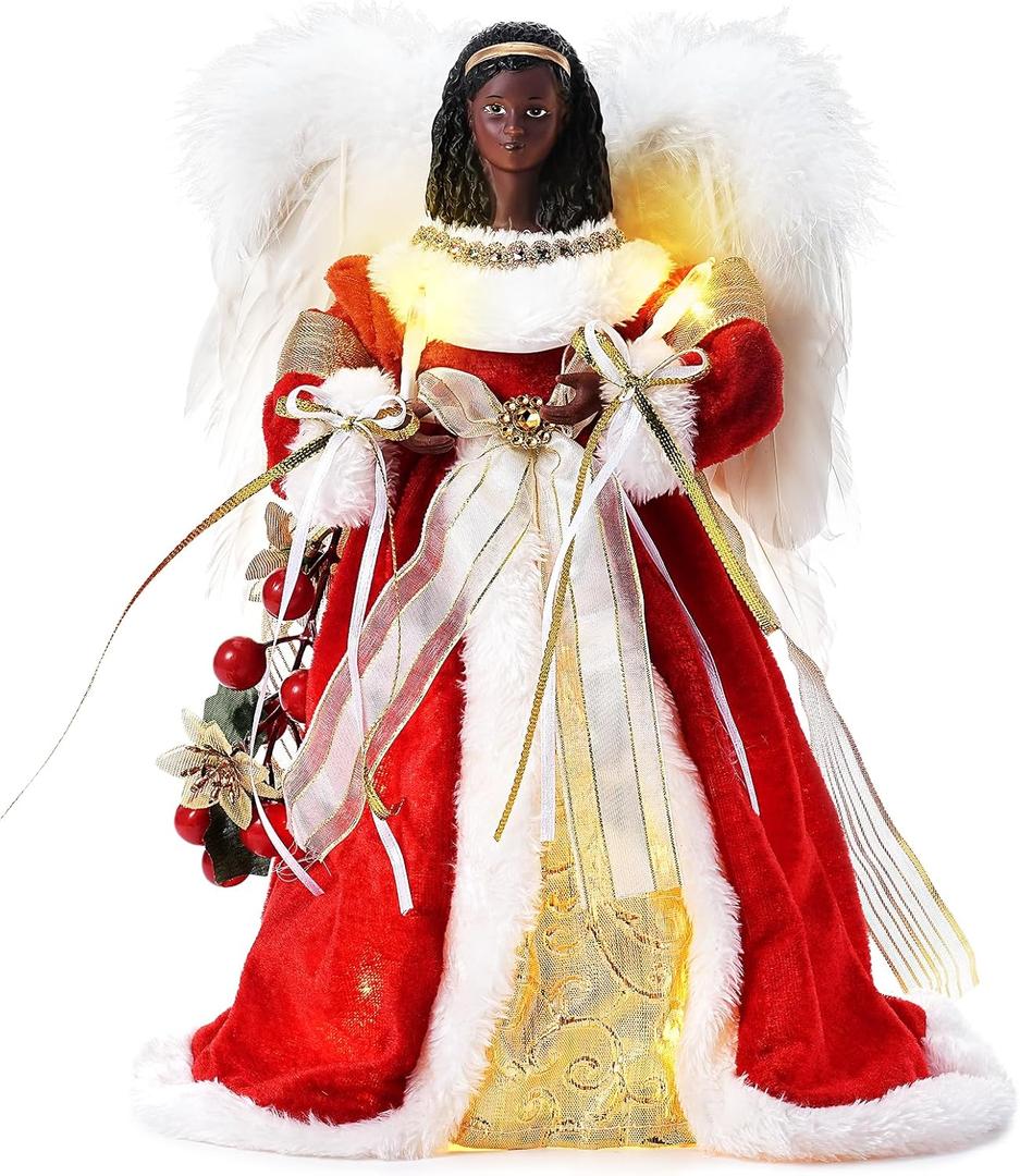 WIOR 12Inch Black Angel Christmas Tree Topper with White Feather Wings, Led Lighted Xmas Tree Topper Angel Figurine Ornament Christmas Tree Decorations for Home Holiday Party Wedding Christmas Decor