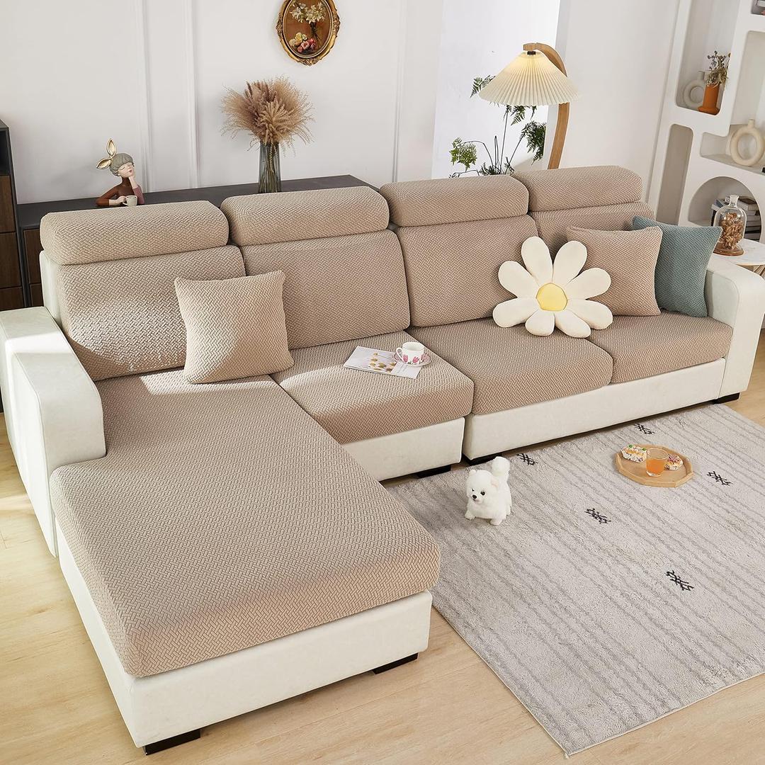 ele ELEOPTION Couch Back Cushion Covers Elastic L Shape Sectional Sofa Cover Furniture Protector Slipcover for Living Room (Length 24-32inch Width 12-22inch M Back Cover) Weave Camel