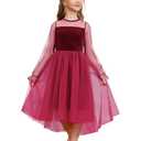 CHILDRENSTAR Mesh Long Sleeves Dress for Girls Fall Winter Burgundy Red Xmas Holiday Dresses Velvet Size 12-14