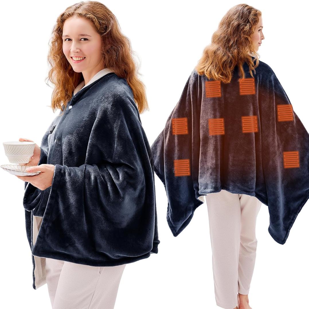 JOLLYVOGUE USB Heated Blanket Throw, Wearable & Portable Heating Electric Blanket for Adults, 3 Levels & 8 Heating Zone Shawl for Indoor & Outdoor, Blue (Battery Not Included)