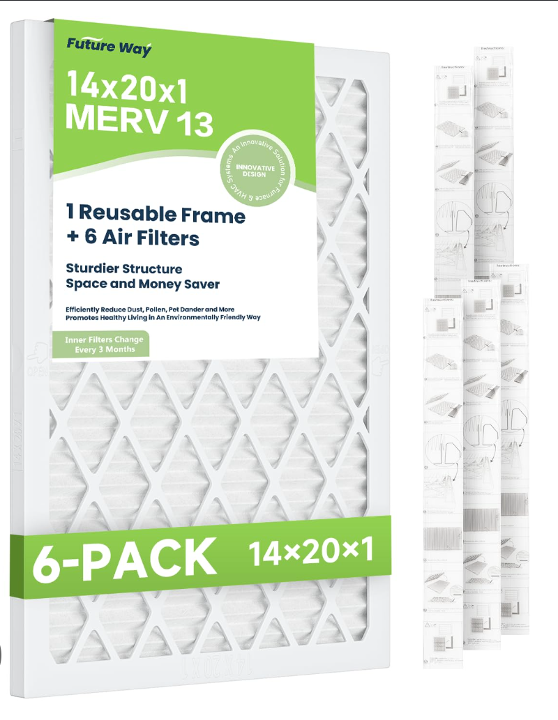 Future Way 14x20x1 Air Filters, 6-pack with Reusable Frame, MERV 13, MPR 1900 AC Furnace Filters, Space Saving &Cost-effective
