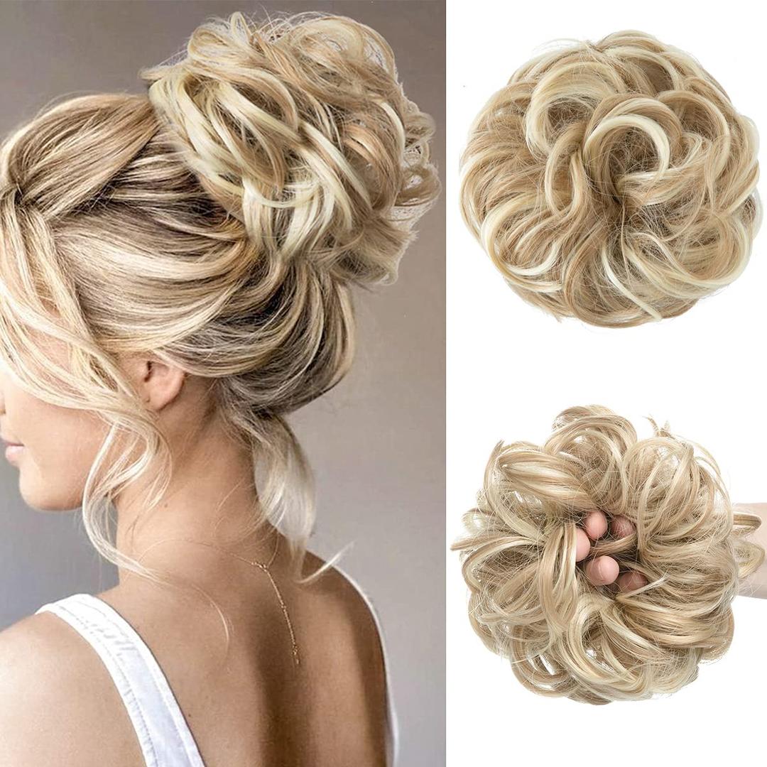 CJL HAIR Large Messy Bun Hair Piece Wavy Curly Scrunchies Synthetic Chignon Ponytail Hair Extensions Thick Updo Hairpieces for Women Dirty Blonde