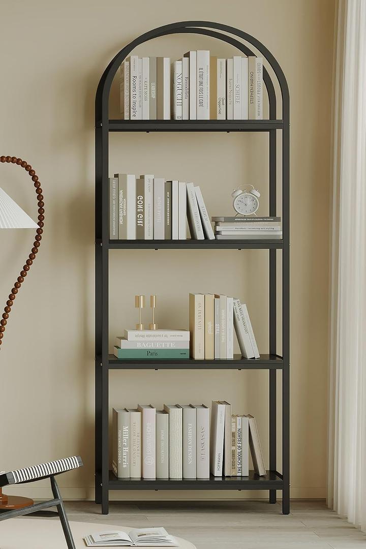 Bookshelf Arched Bookcase, Industrial Curved Metal Book Shelves, 72" Tall Freestanding Open Storage Shelf Display Rack for Living Room Home Office, Black, 4-Tier (4 Tier Arched)