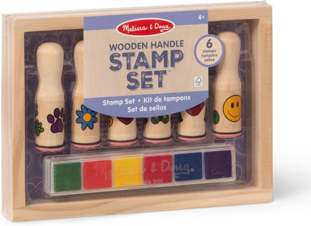 Melissa & Doug Happy Handles Wooden Stamp Set: 6 Stamps and 6-Color Stamp Pad