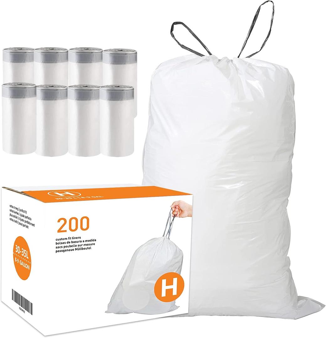 Code H (200 Count) 8-9 Gallon Heavy Duty Drawstring Plastic Trash Bags Compatible with simplehuman Code H | 1.2 Mil | White Drawstring Garbage Liners 8-9 Gallon/30-35 Liter (50 Count (Pack of 3))