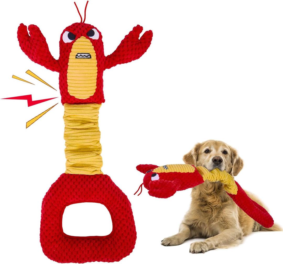 Squeaky Dog Puppy Toys, Stuffed Plush Animal to Keep Them Busy for Small Medium Large Dogs & Aggressive Chewers, Soft Indestructible Pet Chew Toys with Crinkle Paper, Best Tug of War Stuff for Puppies (Red Lobster)