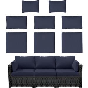 8p Outdoor Cushion Slipcovers Outdoor Patio Cushions Covers Replacement Waterproof with Zipper for 3-Seat Outdoor Rattan Sofa Patio Furniture Cushion Covers Navy Blue, Covers Only