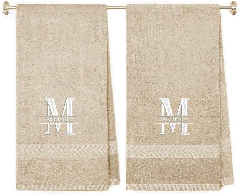 Split Initial Personalized Towels, 100% Terry Cotton Hand Towels with Embroidered Name and Initial, Set of 2 for Bridesmaide, Anniversary, Wedding Day, Spa - Beige