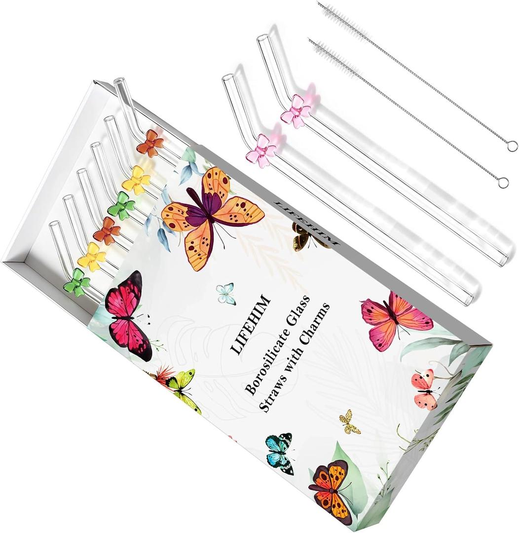 Cute Glass Straws with Charms - 9 Inch Long Bent 8mm Reusable Straws for 16 & 20 oz Tumblers, Decorated with Colored Bows - Eco Friendly for Cocktails, Coffee & Fun Drinks, 8 Pcs Set with 2 Brushes (Multicolor)
