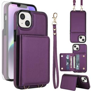 Asuwish Phone Case for iPhone 15 6.1 inch Wallet Cell Cover with Tempered Glass Screen Protector Wrist Crossbody Strap RFID Blocking Stand Credit Card Holder i Phone15 i15 15Case Women Men Dark Purple