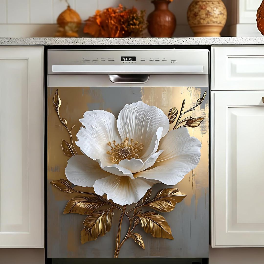 Magnetic Dishwasher Cover 23"x26" Trim-to-Fit, Reusable Refrigerator Door Panel, No Adhesive Decorative Wrap to Hide Scratches and Dents, White Gold Floral Kitchen Decor for Magnetic Dishwashers, 23x25.5 Inches