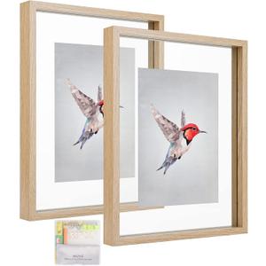 MUYE 11x14 Floating Frame Set of 2,Double Glass Rustic Frame,Display Any Size Photo up to 11x14,Wall Mount or Tabletop Standing,Natural