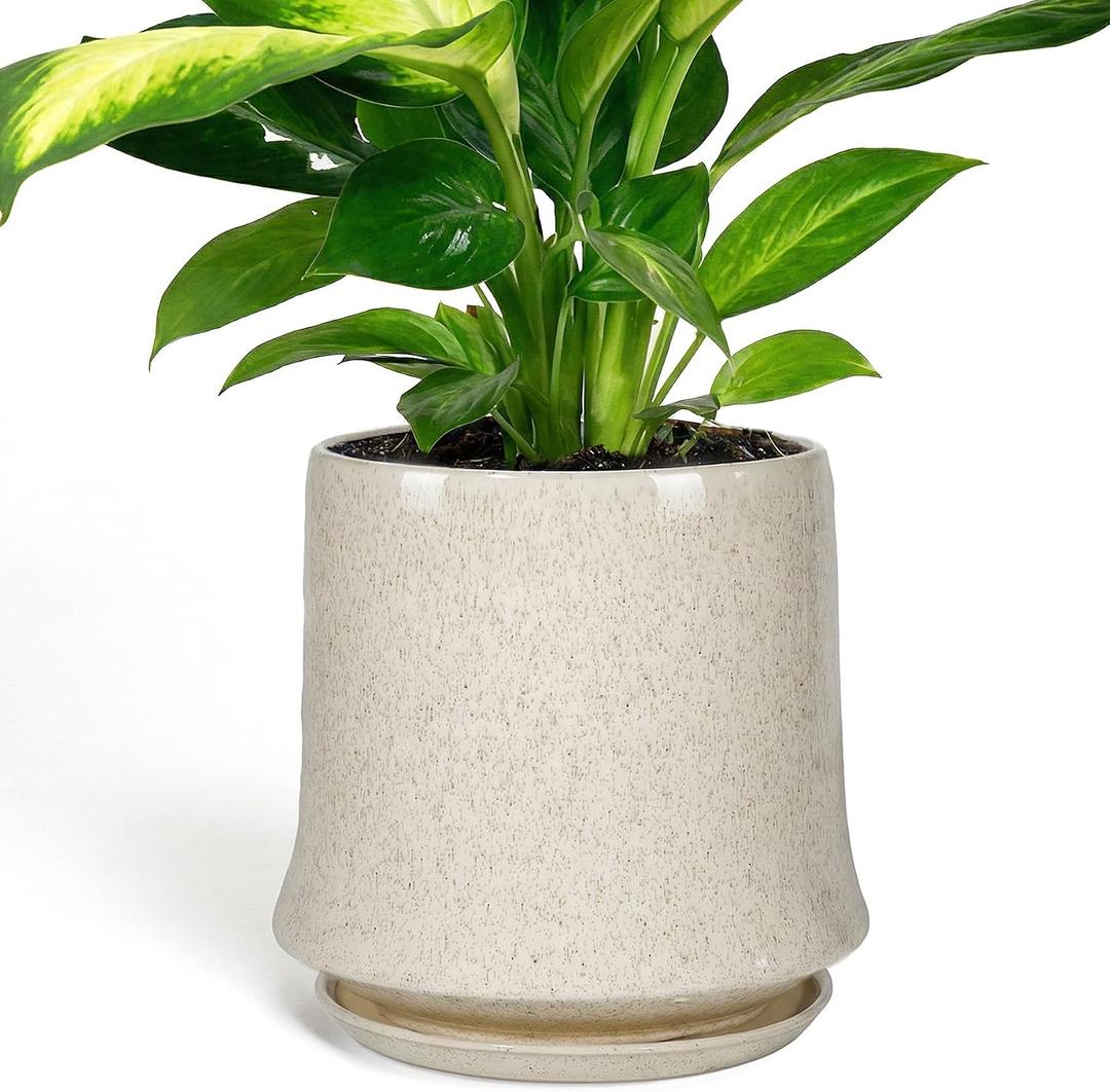 11 Inch Ceramic Planter Pot with Saucer Drainage Leak-Proof Mesh,Flower Pots for Lavender with Gardening Gloves,Ceramic Planter for Orchid(Silk White)