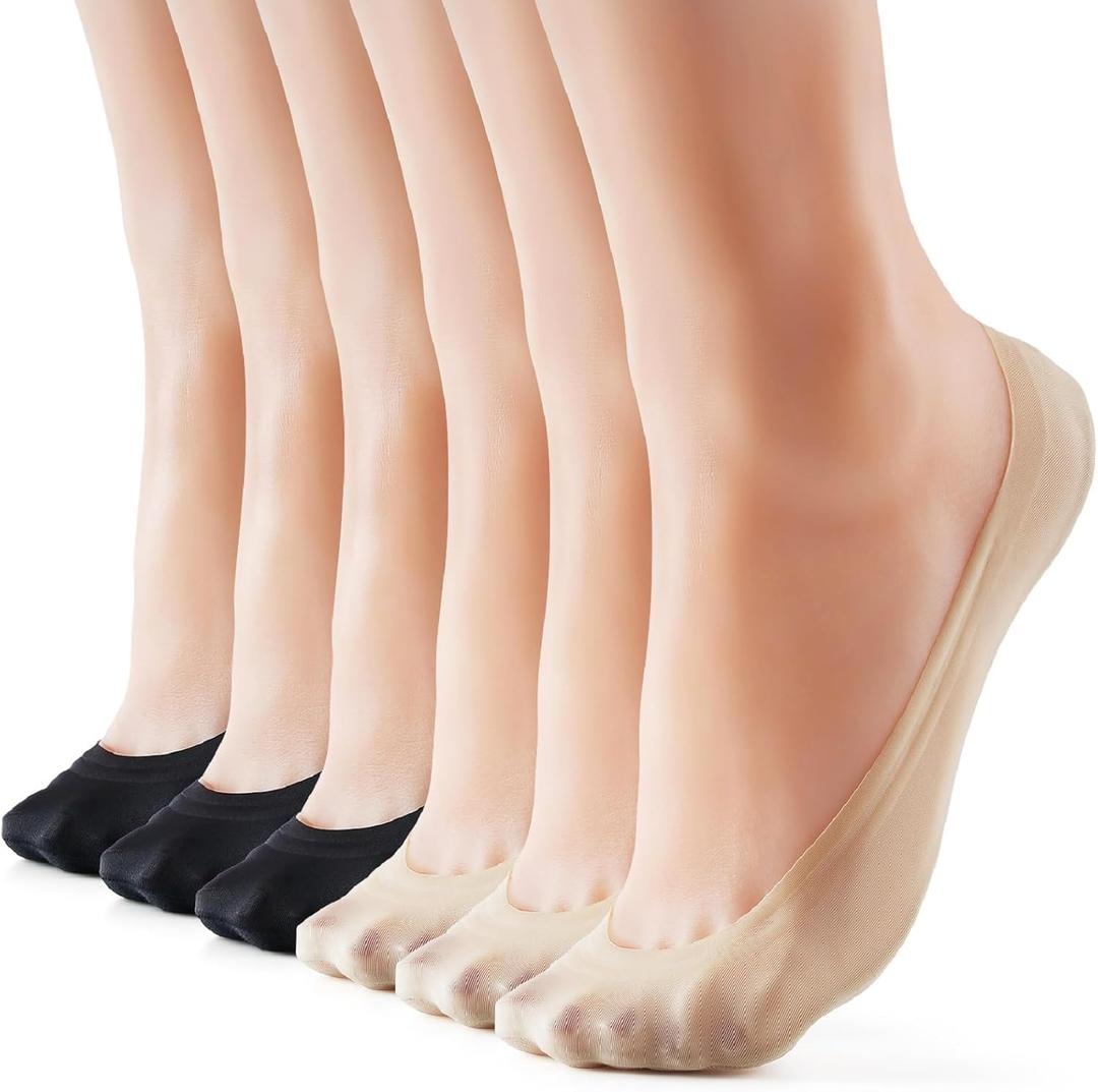3-9 Pairs No Show Socks Women Nylon Ultra Low Cut Non-Slip Thin Liner Socks Invisible Hidden Socks for Flats (8-10, 6 Pairs-3 Black+3 Nude)