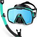 Freela Adult Dry Snorkel Set with Mirrored Lens Anti-Fog 180 Wide View Anti-Fog, Scuba Diving Mask with Nose Cover, Snorkeling Gear for Men Women (Green with Blue)