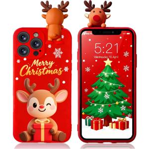 Christmas Case for iPhone 16 Pro Max, Silicone Red Cover with Lovely 3D Deer Doll Patterns Design Shockproof Soft Bumper Cartoon Cute TPU Xmas Present Skin for iPhone 16 Pro Max 6.9", Elk