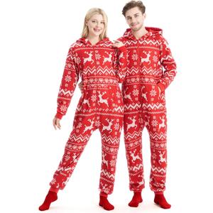 Giggling Getup Grey Men Adults Christmas Pajamas With Hood, Loose Nordic Print Pattern Holiday Jumpsuit, 1 PC-XL