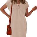 Okiwam Women's Spring Summer Dresses 2026 Casual Short Sleeve V-Neck T-Shirt Mini Vacation Sun Dresses with Pockets (XXL, Light Khaki)