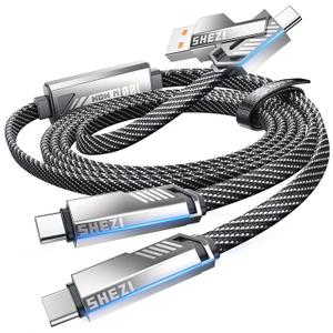 SHEZI 100W USB C Multi Charging Cable, 5FT 4-in-1 USB A to Dual USB C Cable Fast Charging, Nylon Braided Multiple Charger Cord with Type C for iPhone 16 15 MacBook Samsung