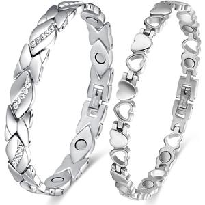 2PCS Magnetic Bracelets for Women Adjustable Titanium Steel Magnetic Bracelet with Strength Magnets Sizing Tool (Crystal & Love)