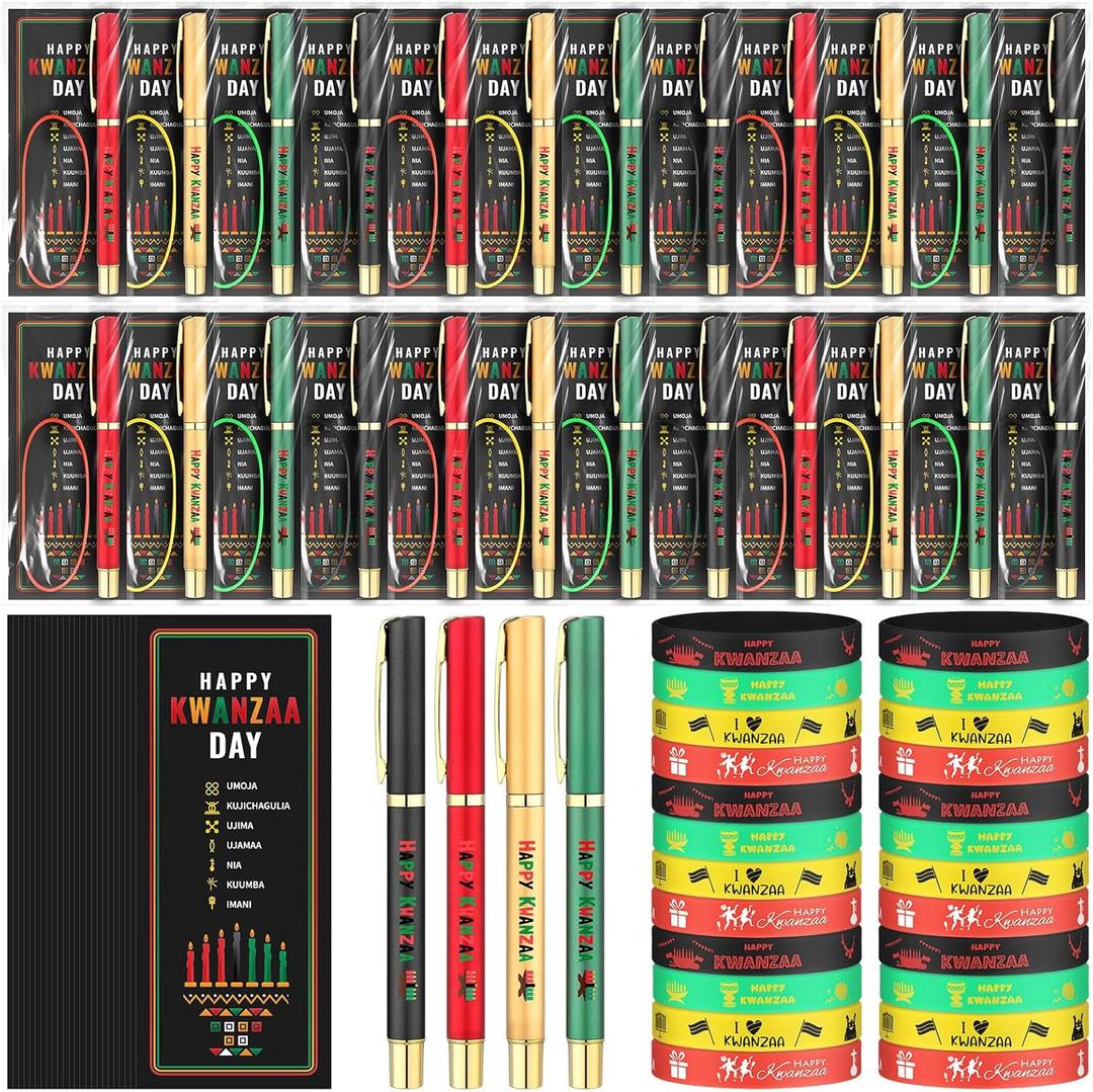 Ctosree 24 Set Happy Kwanzaa Gifts Bulk Ballpoint Pens with Greeting Cards Kwanzaa Ballpoint Pens Bookmark Card and Silicone Bracelet Heritage Holiday Party Favors Goodie Bag Fillers Stuffers