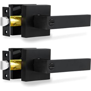 Privacy Interior Door Lever, 2 Pack Heavy Duty Matte Black Door Handles Square Door Knobs for Bedroom & Bathroom Keyless Door Lock Handles for Right & Left Sided Doors