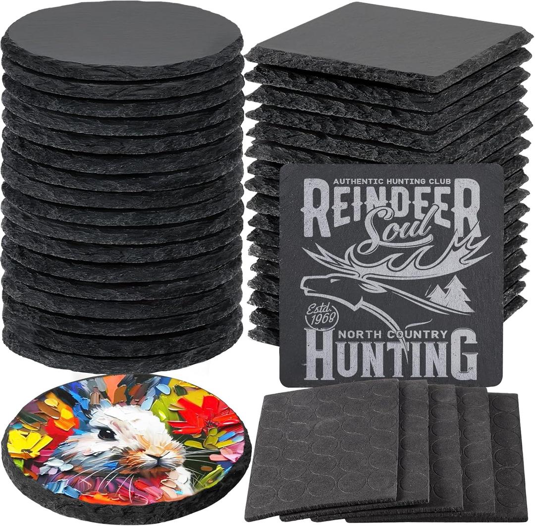 36 PCS Black Slate Stone Coasters Bulk, MAPRIAL Laser Engraving Blanks Material, 18 PCS Square, 18 PCS Round for Engraver, Drinks, DIY Project,Gifts