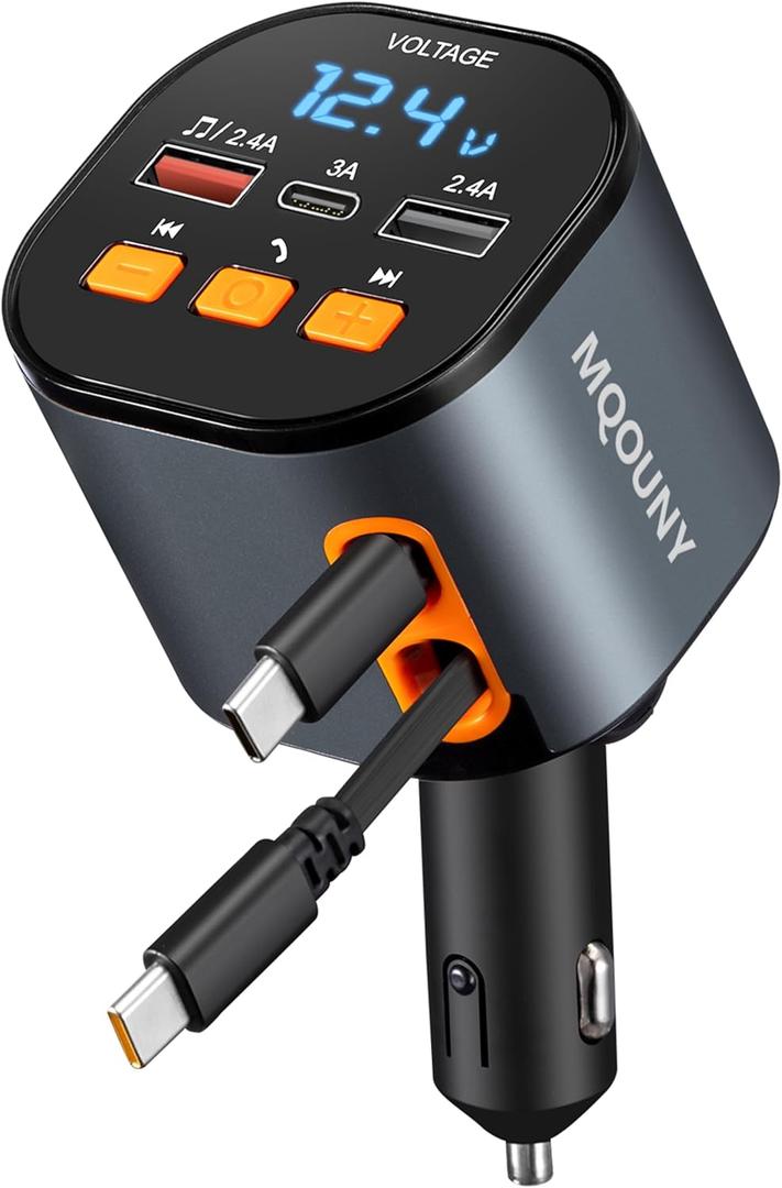 Retractable Car Charger,5 in 1 Fast Car Phone Charger 90W,Bluetooth 5.3 FM Transmitter Adapter, Handsfree Call,2 Retractable USB-C Cables and USB Cars Chargers for iPhone 16/15/14/13/12/11,Galaxy,Pixel