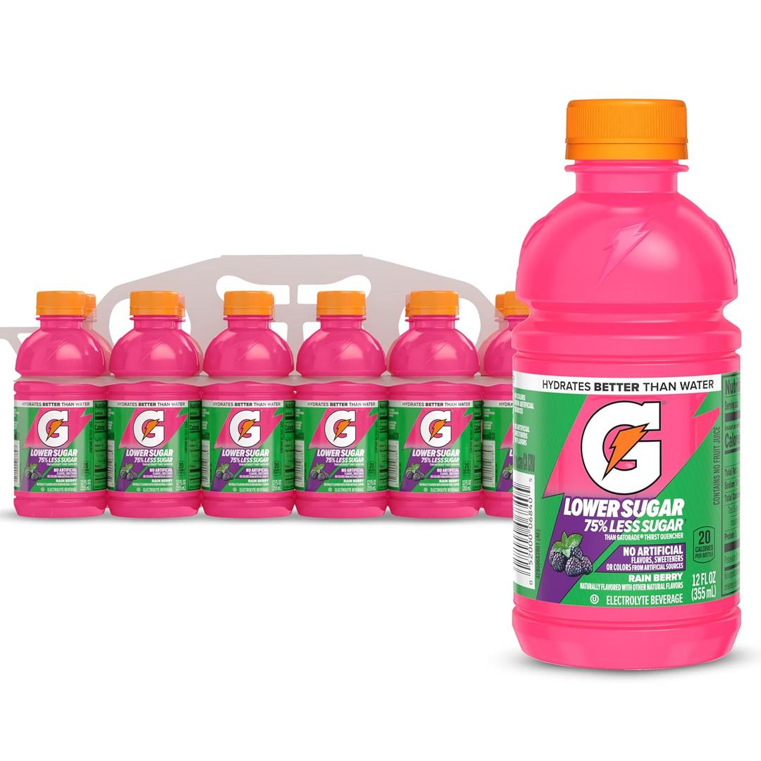 Gatorade Lower Sugar Electrolyte Sports Drink, Rain Berry, 12 fl oz Bottles, (12 Pack), 75% Less Sugar, No Artificial Flavors, No Artificial Sweeteners, No Artificial Colors, Hydration (EXP 12/31/26)