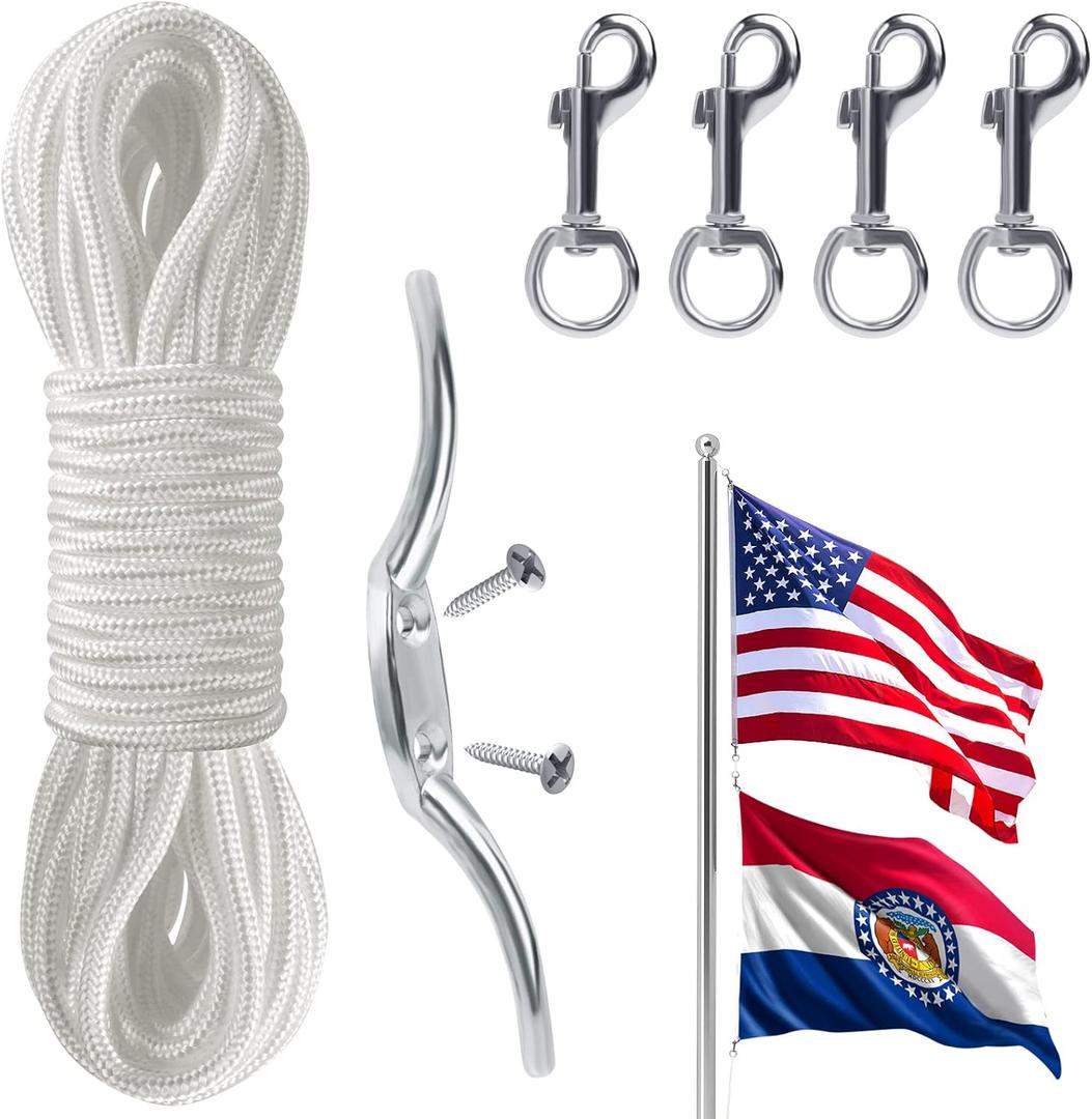 Flag Rope and Clips Kit - 50ft Flag Pole Rope Halyard with Cleat Hook & 4 Pcs Swivel Snap Clips for Flagpoles Up to 25ft, Outdoor Porch Flagpoles Repair Replacement Parts Accessories (White)