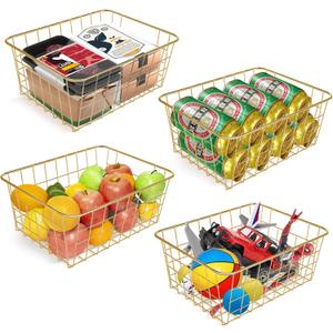 Wire Baskets for Storage Pantry, 4 Pack, 11 x 8.7 x 4.7 in, Golden Metal