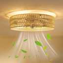 20" Boho Ceiling Fans with Lights and Remote, 6 Wind Speeds 3 Timing Quiet Rattan Flush Mount Low Profile Ceiling Fan for Bedroom Living Room, Rustic Reversible Caged Ceiling Fan, Beige