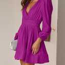 FAIABLE Mini Deep V Sexy Long Sleeve Dress for Women A-line High Waisted Casual Flowy Dress for Cocktail Wedding Guest (Purple, S)