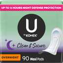 U by Kotex Clean & Secure Overnight Maxi Pads, 90 Count (3 Packs of 30)