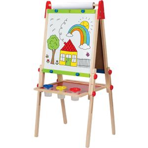 Hape E1010 Magnetic All in 1 Kids Height Adjustable Drawing Dry-Erase Chalkboard Wooden Artist Easel with 3 Paint Pots and Refillable Paper Roll, "L: 18.9, W: 15.9, H: 41.8 inch"