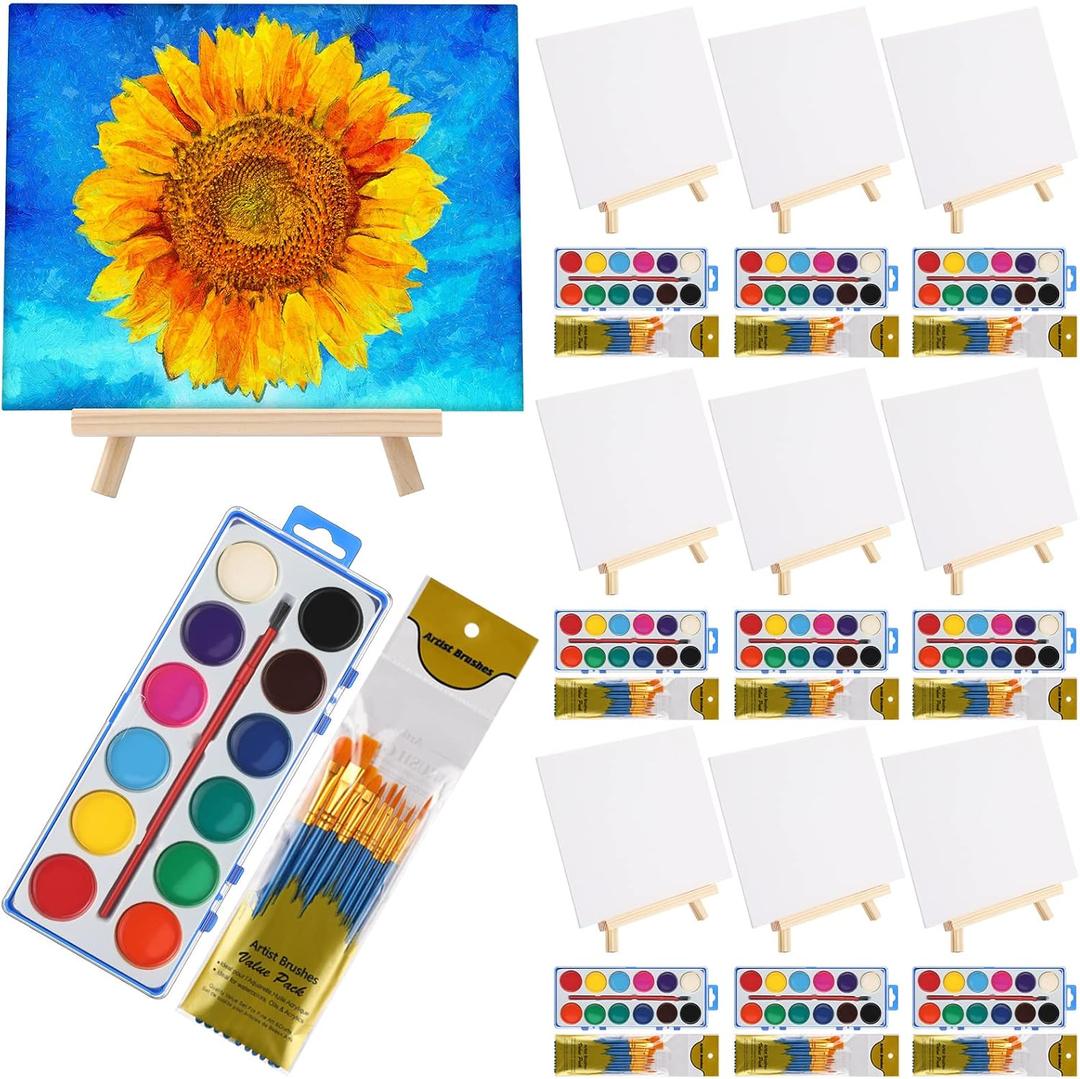 Crtiin 10 Sets Watercolor Paint Sets Include 8" x 10" Canvas Wooden Easel 12 Colors Watercolor and Painting Brush for Adults Art Party Favors Back to School Gifts Classroom Supplies