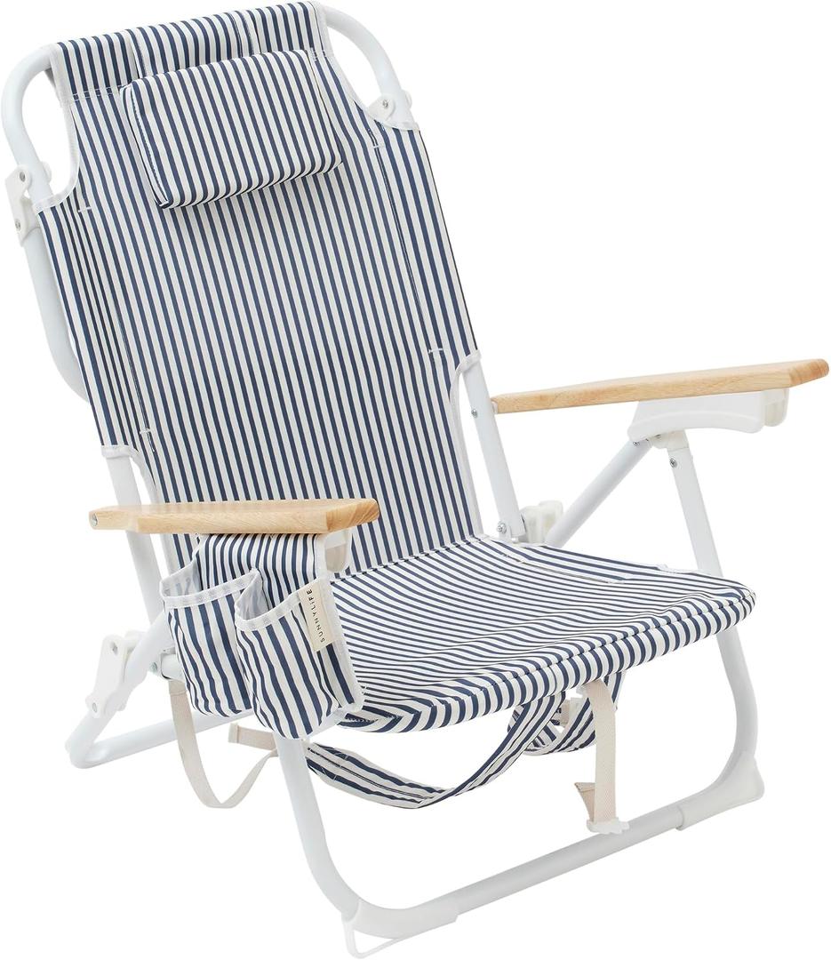 SUNNYLiFE Luxe Reclining Beach Chair with Insulated Cooler Pocket | 6 Positions Incl. Flat, Oak Armrests, Backpack-Ready | The Resort Coastal Blue